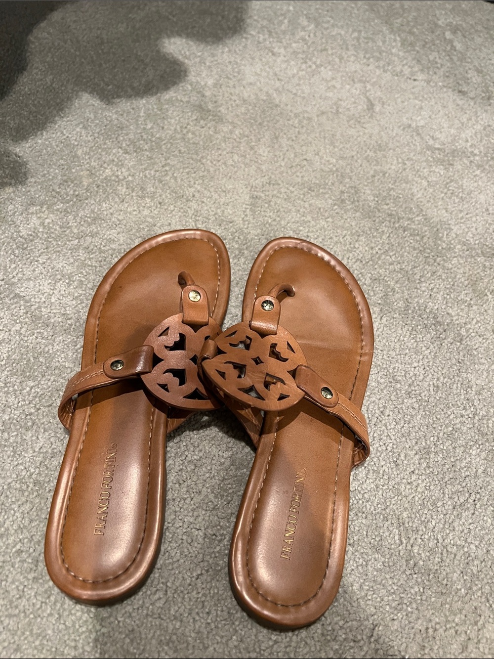 Franco Fortini Brown Leather Cutout Medallion Thong Sandals